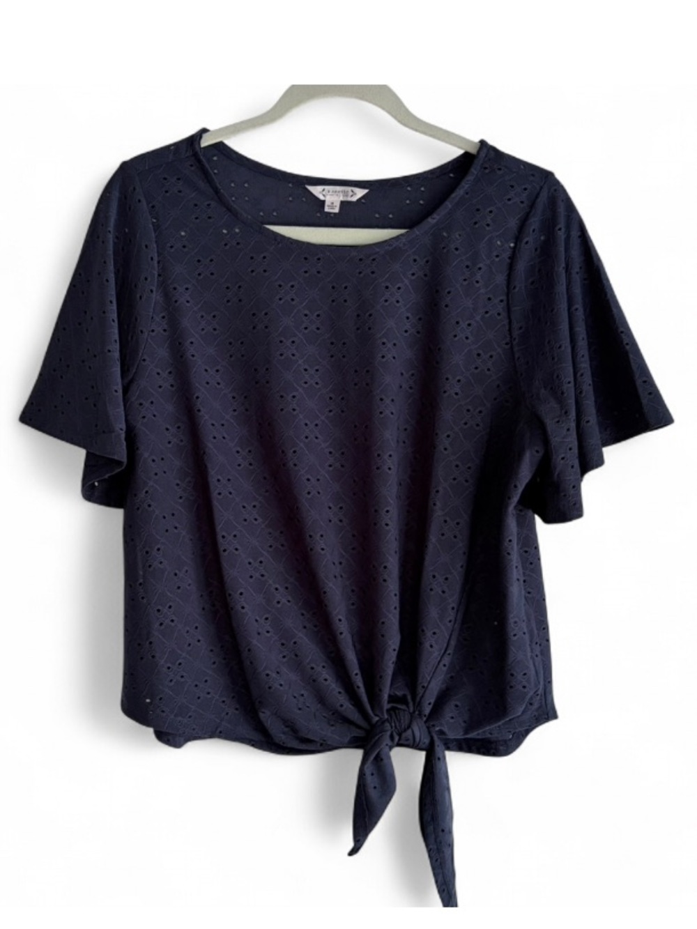 Nanette Lepore Navy Blue Short Sleeve Tie Waist Eyelet Blouse Size M